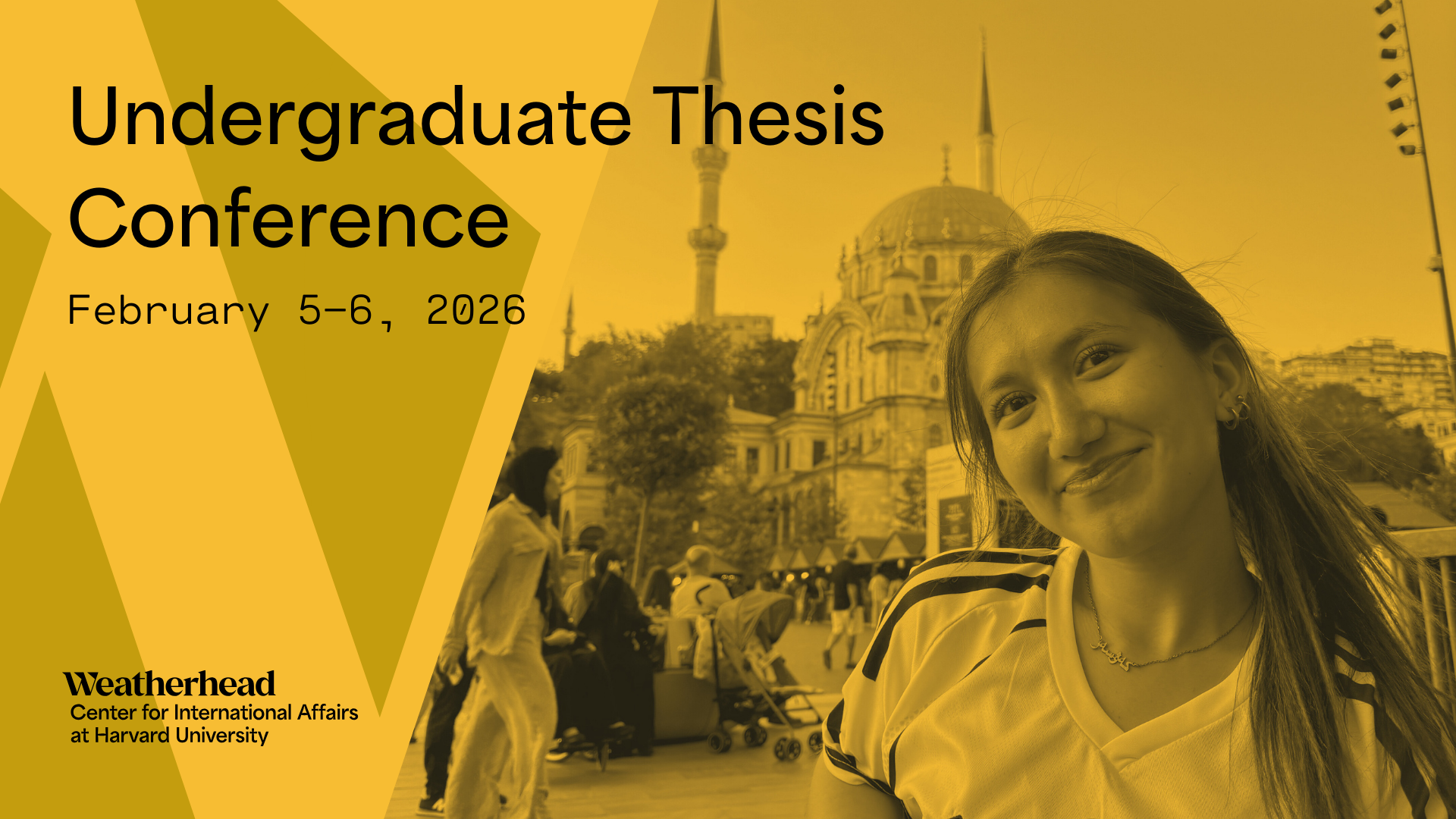 Monochromatic yellow photo of a female student wearing a soccer jersey and posing in front of a domed building. The words "Undergraduate Thesis Conference February 5–6, 2026" and a duotone graphic W are overlaid.