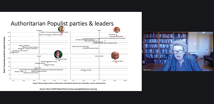 Zoom screenshot of a chart comparing authoritarian populist parties and leaders, with a person on the right sitting near bookshelves.