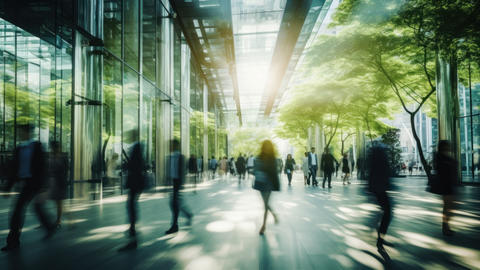Rendering of office workers walking between tree-lined buildings. 