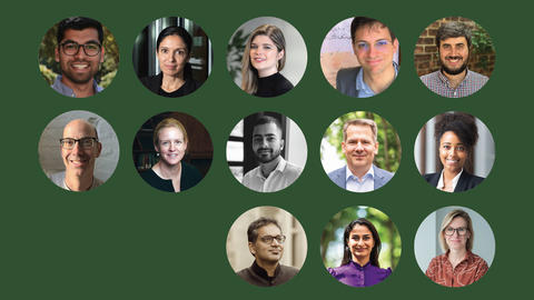 Collage of 13 professionals in circular portrait frames set against a green background.