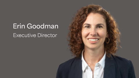 Headshot of Erin Goodman next to her name and title against gray background.