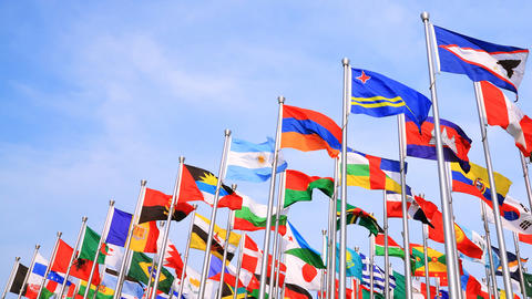 Dozens of world flags flying in the breeze against a blue sky.