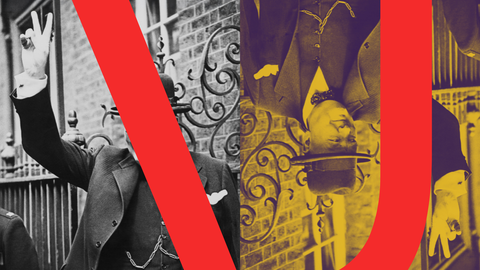 A letter V and U merged in red over two side-by-side images of Churchill making a victory sign. One image is black and white and the other is black and gold and upside down.