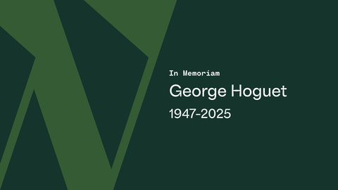 The words "In Memoriam George Hoguet 1947–2025" are written on a green duotone background. 