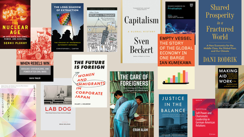 Collage of about a dozen book covers overlapping set against a beige background.
