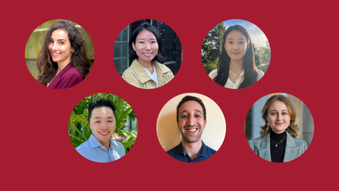 Collage of six PhD student headshots in circular frames set against a red background.
