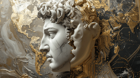 A marble statue head split in half, with one side classical and the other side featuring gold circuitry, set against a world map background with gold and dark marble textures.