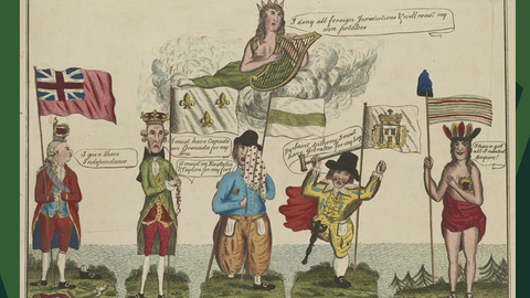 A satirical illustration shows personifications of Britain, France, Spain, the Netherlands, and America with their respective flags, each making statements about independence and sovereignty. The image is titled "The Belligerent Plenipo's" and it is from the Library of Congress. 