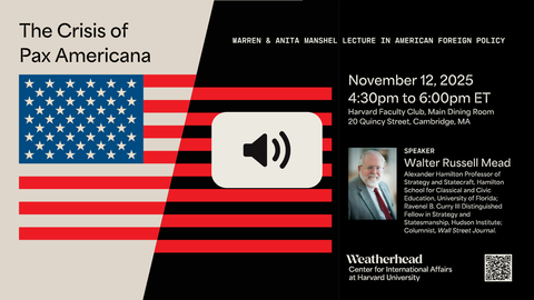 Manshel Lecture graphic shows event details and a fractured American flag with an audio graphic overlaid.