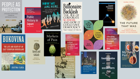 Collage of a dozen or so book covers, all in different sizes, against a gray background.