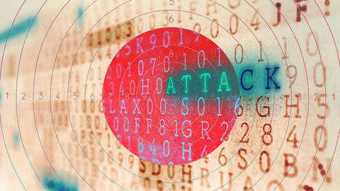 Rows of random numbers and letters overlaid with the word "attack" highlighted in teal in front of a red bullseye. 