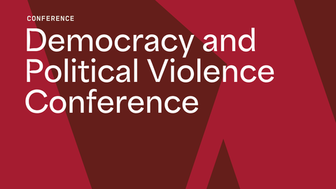 Title of conference set against a duotone red background. 