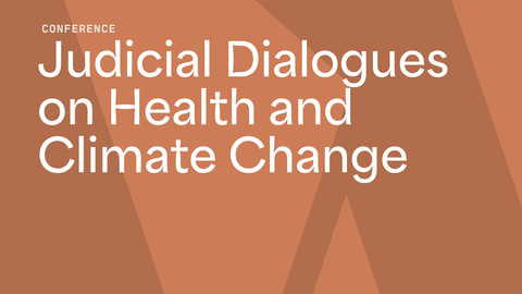 Title of conference set against a duotone peach and orange background. 