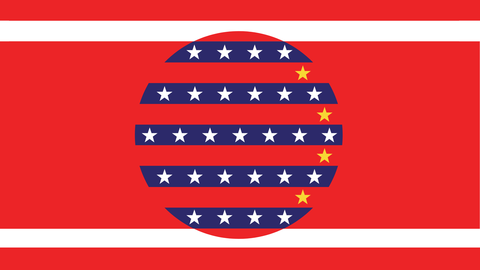 Mixed sybolism from the US, Chinese, and Japanese flags with red, white and blue stripes; white and yellow stars; and a central circle.