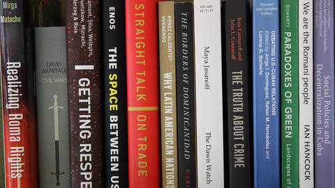 Close up of a dozen book spines. 