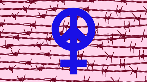 Pink and burgundy image of barbed wire with an blue peace and female symbol combined on top.