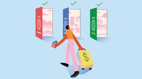 Illustration of a person dragging a suitcase with a dollar sign toward three open doors styled to look like passports. 