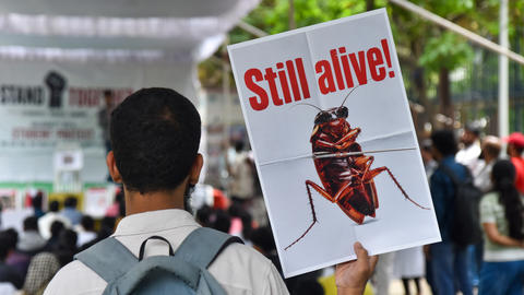 A male student, viewed from behind and wearing a backpack, holds a sign with a cockroach saying "Still alive!" at a student protest. 
