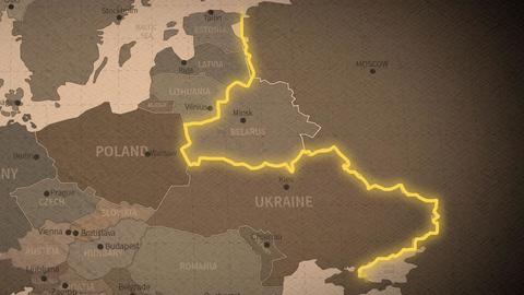 A map of Eastern Europe with the western borders of Russia and Belarus highlighted.