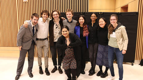 Comedian Zarna Garg poses with Harvard stand-up comic society group