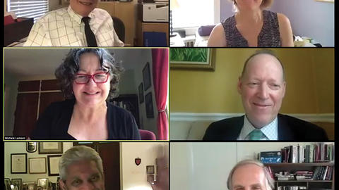 Zoom screenshot of the panelists at the Weatherhead Forum on globalization and health during COVID-19