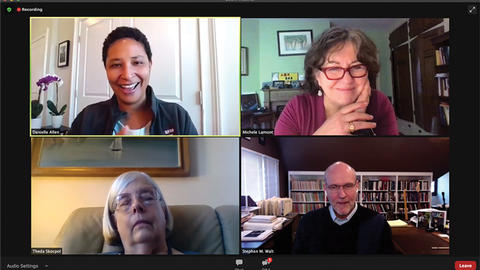 Zoom screenshot of panelists at the Weatherhead Forum on the US election