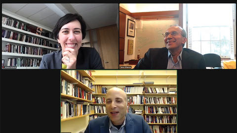 Zoom screenshot of two panelists and Center director for the Forum on meritocracy book