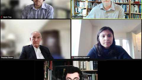 Zoom screenshot of panelists at the security cluster Weatherhead Forum