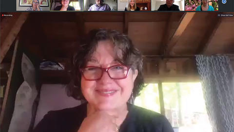 Zoom screenshot of Center Director Michele Lamont smiling as she moderates panel at the Weatherhead Forum, with six affiliates in the gallery bar at the top