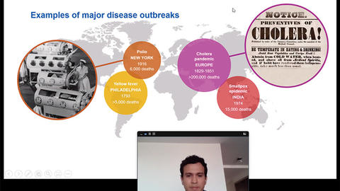 Zoom screenshot of Mario Jimenez presenting his work on disease outbreaks across the world at the Weatherhead Forum