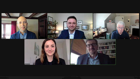 Zoom screenshot of panelists at the Weatherhead Forum on Ukraine.