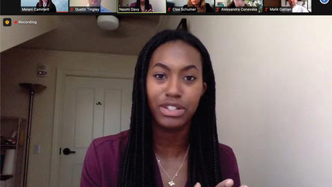 Zoom screenshot of Harvard student Naomi Davy speaking at the SCOTIA event on climate change