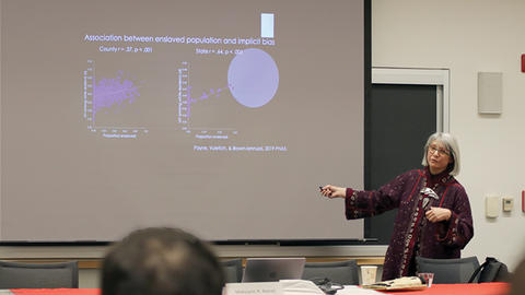 Mahzarin Banaji presents her research at the Weatherhead Spotlight.