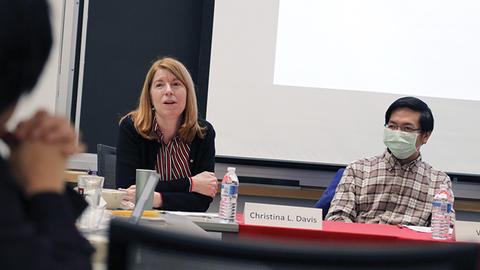 Christina Davis and Willy Jou speak at the Weatherhead Spotlight.