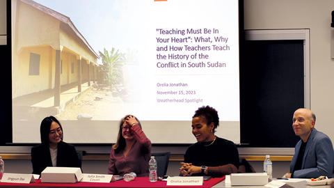 Graduate students present their research at a Weatherhead Spotlight panel.