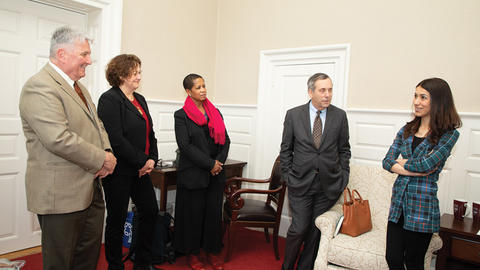 Image of Nadia Murad meeting Harvard leadership