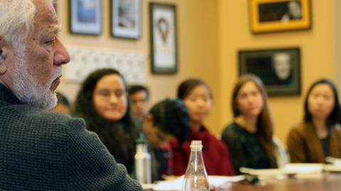 Image of Michael Ondaatje with students
