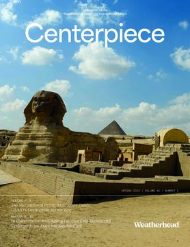 Cover of Spring 2026 Centerpiece issue with issue information overlaid on top of a photo of a sphinx in Giza, Egypt on a sunny and cloudy day.