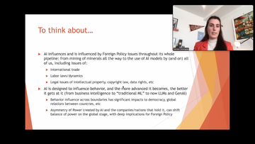Screenshot of a Zoom presentation slide titled "To think about..." with a woman speaking in the top right corner. The slide lists considerations on AI and foreign policy issues.