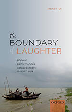 Book cover for the Boundary of Laughter with photo of people rowing in long boats on a muddy body of water