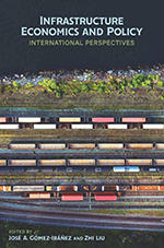 Book cover for Infrastructure Economics and Policy with photo of trains from above
