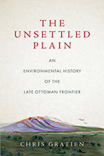 Book cover for the Unsettled Plain with drawing of mountain against green plains