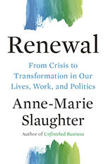 Book cover for Renewal with blue and green paint swipes at the top and bottom