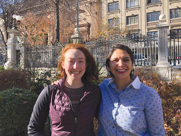 Ariel poses with Dr. Cristina Dorador in front of the Chilean constitutional assembly