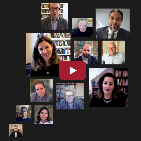 Collage of headshots from Weatherhead Forum videos on Zoom.