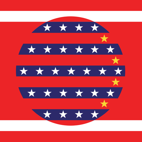 A mixture of the US, Japanese, and Chinese flags with red, white, and blue stripes; white and yellow stars; and a large red circle in the center.