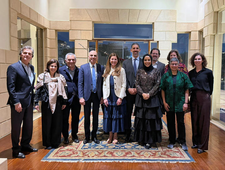 Weatherhead and Harvard Club leaders after a private dinner featuring a discussion with special guest H.E. Ambassador Tamim Khallaf.  Courtesy of Erin Goodman