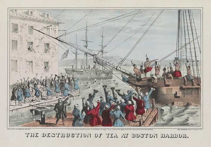 A historical illustration shows men dressed as Native Americans throwing crates of tea off ships into Boston Harbor while onlookers gather at the dock.