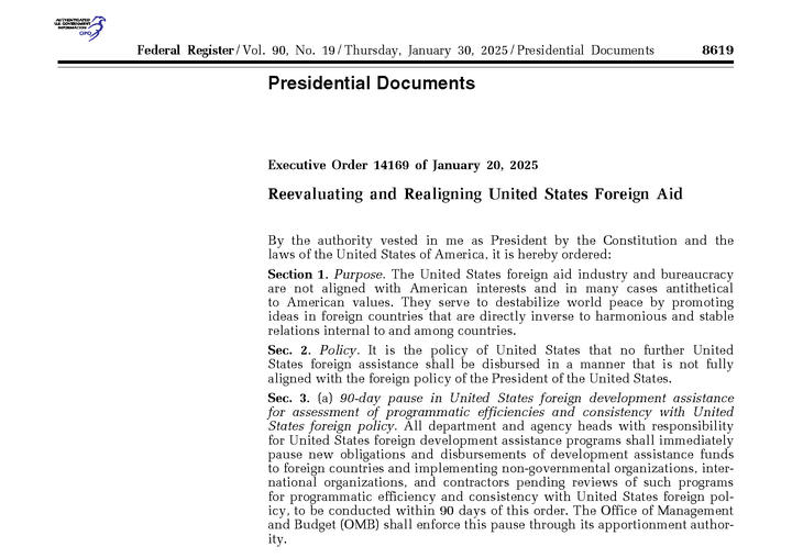 A scanned page of an official U.S. government document titled "Reevaluating and Realigning United States Foreign Aid," outlining an executive order and various policy sections.