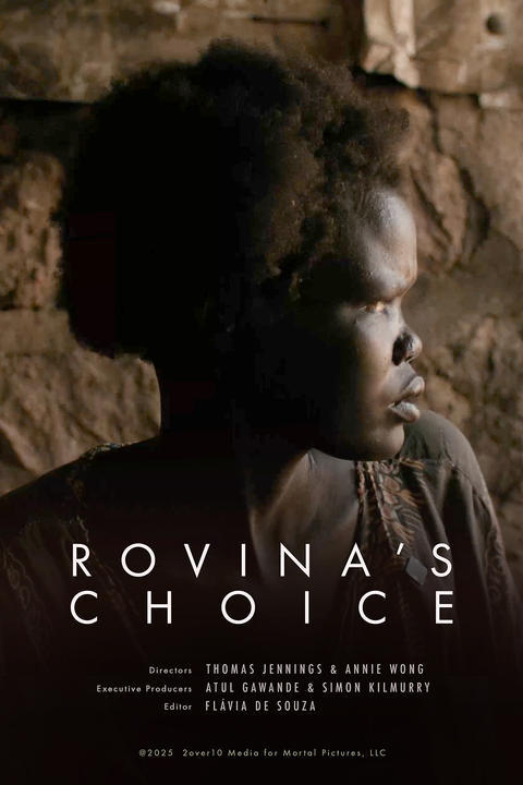 A woman gazes to the side in front of a rough stone wall; text below reads "Rovina's Choice" with film credits beneath.